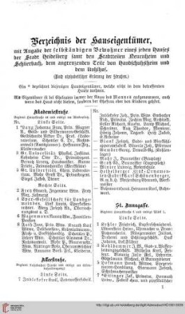 Verzeichnis der Haus=Eigentümer und Haus=Bewohner