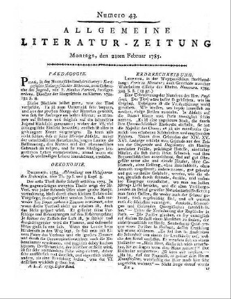 [Peyssonnel, C. C. de]: Paris in Miniatur. Auch Gemälde mancher Wahrheiten disseits des Rheins. Nummern. [Übersetzt von H. A. O. Reichard]. Leipzig: Weygand 1785 Abweichende Angabe des Erscheinungsjahres in der ALZ: 1784
