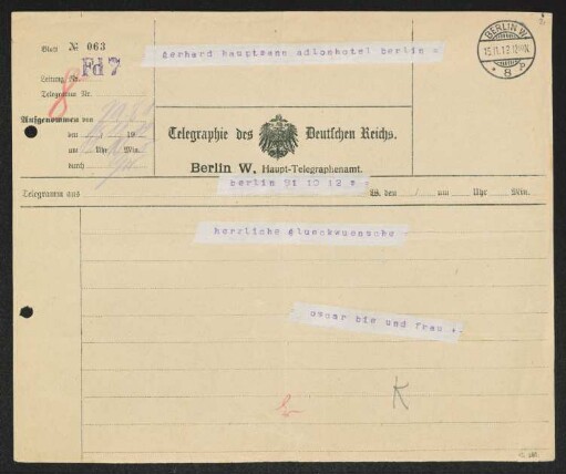 Brief von Oscar Bie und Antonie Bie an Gerhart Hauptmann