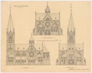 Katholische Kirche, Dortmund: Seitenansicht, Vorderansicht ohne Turm und Vorderansicht 1:200