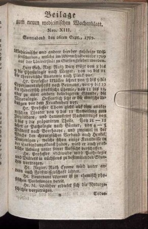 Beilage zum neuen medicinischen Wochenblatt. Nro. XIII. Sonnabend den 26ten Sept., 1789.