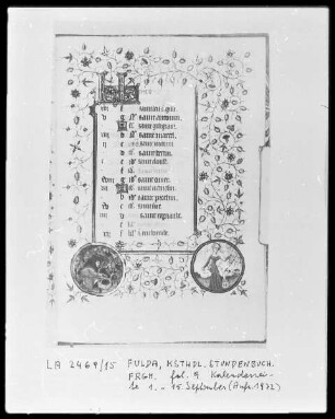 Fragment eines Stundenbuches — Kalenderseite September mit zwei Medaillons, Folio 9recto