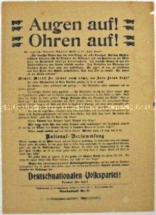 Aufruf der Deutschnationalen Volkspartei zum Beitritt und zur Wahl der Nationalversammlung 1919