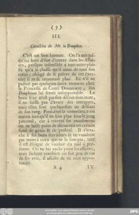 III. Caractére de Mr. le Dauphin.