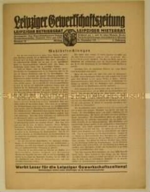 Mitteilungsblatt "Leipziger Gewerkschaftszeitung" u.a. zu den Ergebnissen der Reichstagswahlen