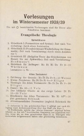 47-78, Vorlesungen im Wintersemester 1938/39
