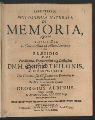 Exercitatio E Philosophia Naturali, De Memoria