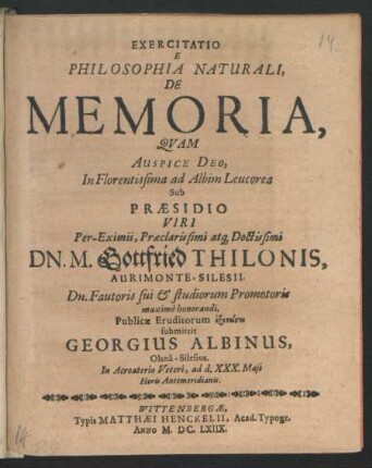 Exercitatio E Philosophia Naturali, De Memoria