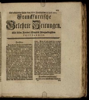 Num. XXXI. Dienstags den 17. April. 1753 - Num. XL. Freytags den 18. Maji. 1753