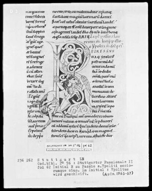 Stuttgarter Passionale — Heilige der pars aestiva (zweiter Band) — Initiale R (egressus), darin wird Hippolytus geschleift, Folio 62recto