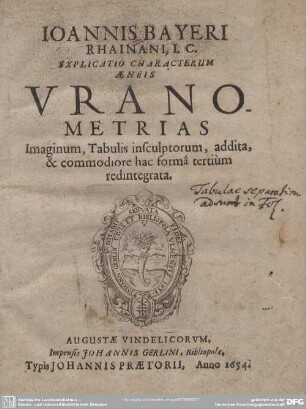 Explicatio Characterum Aeneis Uranometrias Imaginum, Tabulis insculptorum, addita, & commodiore hac forma tertium redintegrata