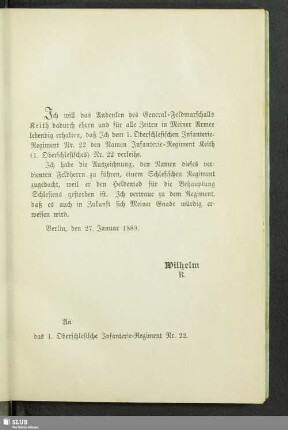 Allerhöchste Kabinets-Ordre vom 27. Januar 1889