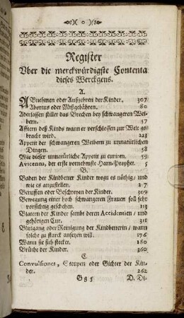 Register Uber die merckwürdigste Contenta dieses Werckgens