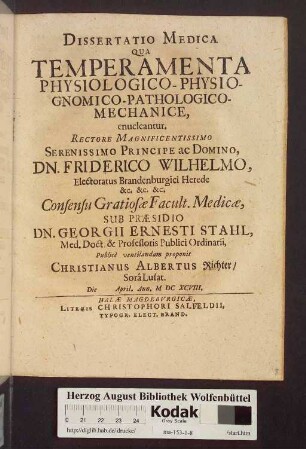 Dissertatio Medica Qua Temperamenta Physiologico-Physiognomico-Pathologico-Mechanice, enucleantur