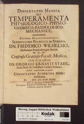 Dissertatio Medica Qua Temperamenta Physiologico-Physiognomico-Pathologico-Mechanice, enucleantur