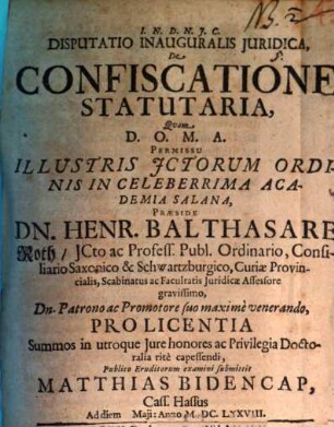Disputatio Inauguralis Juridica, De Confiscatione Statutaria