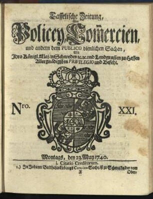 Nro. XXI, Montags, den 23. May 1740