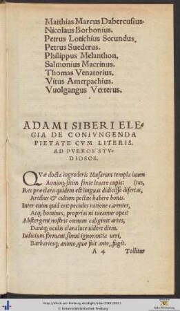 Adami Siberi Elegia De Coniungenda Pietate Cum Literis Ad Pueros Studiosos