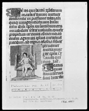 Stundenbuch, ad usum Romanum — Der heilige Quintinus auf einem für ihn zu großen Thron, Folio 171verso