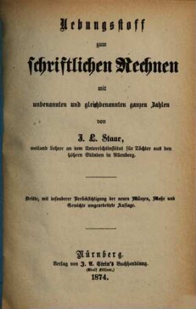 Übungsstoff zum schriftlichen Rechnen mit unbenannten und gleichbenannten ganzen Zahlen