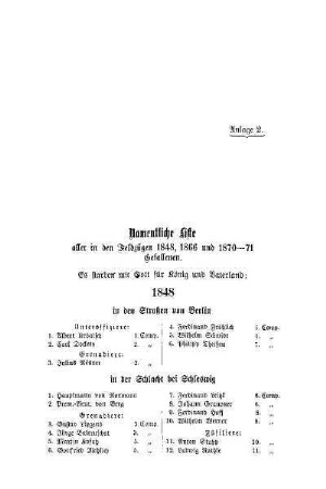 Anlage 2. Namentliche Liste aller in den Feldzügen 1848, 1866 und 1870-71 Gefallenen