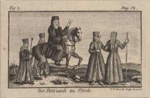 Der Patriarch zu Pferd; Illustr. 2, S. 72, aus: Beschreibung der griechischen Kirche in der Türkey von Jacob Elsner, Berlin 1737