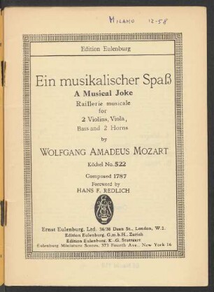 Ein musikalischer Spaß : for 2 violins, viola, bass and 2 horns : Köchel No. 522
