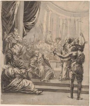 Christus vor Kaiphas (nach M. Küsel, Theatrum Dolorum Jesu Christi ...Augsburg 1677) Blatt X der Folge