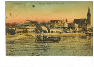 Rheinufer in Biebrich mit den Hotel-Restaurants Nassau und Krone, im Vordergrund ein Dampfschiff