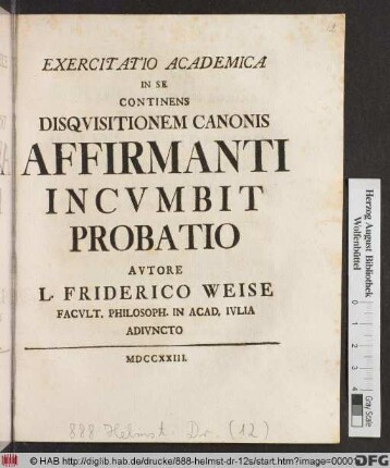 Exercitatio Academica In Se Continens Disqvisitionem Canonis Affirmanti Incvmbit probatio