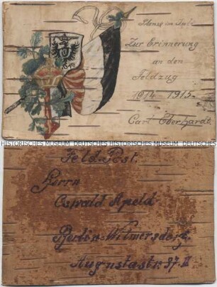 Feldpostkarte aus Baumrinde mit patriotischem Motiv