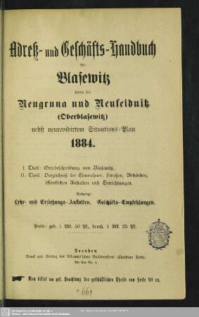6.1884: Adreß- und Geschäfts-Handbuch für Blasewitz mit Neugruna und Neuseidnitz
