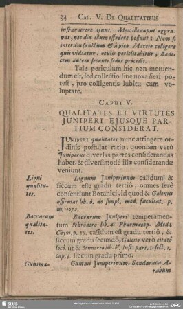 Caput V. Qualitates Et Virtutes Juniperi Ejusque Partium Considerat