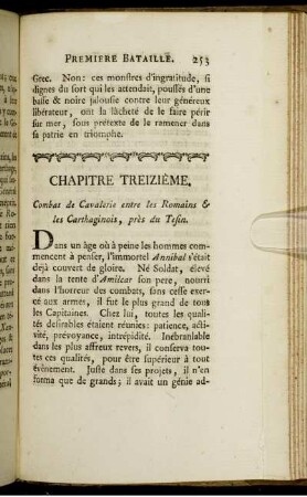 Chapitre Treizième. Combat de Cavalerie entre les Romains & les Carthaginois, près du Tesin.