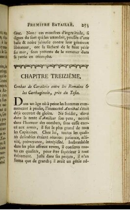 Chapitre Treizième. Combat de Cavalerie entre les Romains & les Carthaginois, près du Tesin.