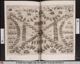 [Flotte in symmetrischer Formation vor Hügellandschaft und Stadt.]