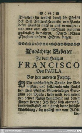 Andächtige Gebetter Zu dem Heiligen Francisco Von Paula, Vor den anderten Freytag