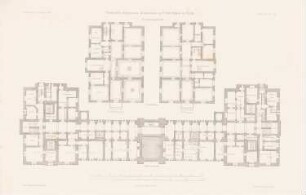 Städtisches Allgemeines Krankenhaus, Berlin-Friedrichshain: Grundriss Keller Verwaltungsgebäude (aus: Atlas zur Zeitschrift für Bauwesen, hrsg. v. G. Erbkam, Jg. 25, 1875)