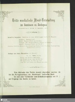 Dritte musikalische Abend-Unterhaltung im Seminare zu Zschopau Sonntag den 4. März 1877