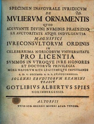 Specimen inaug. iur. De mulierum ornamentis