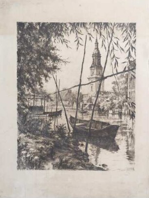 Lithografiestein aus Solnhofener Kalkstein mit Motiv "Potsdam-alte Fahrrinne und Heilig-Geist-Kirche"