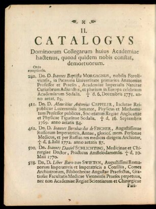 II. Catalogus Dominorum Collegarum huius Academiae, hactenus, quoad quidem nobis constat, demortuorum.