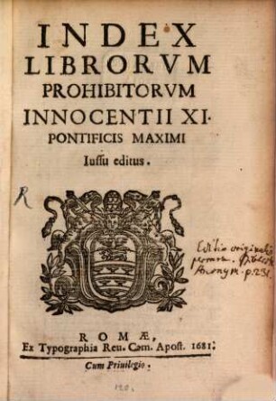 Index Librorvm Prohibitorvm : Innocentii XI. Pontificis Maximi Iussu editus