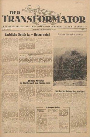 TRO-Betriebszeitung 'Der Transformator'; Nr. 26/1957 (Juli 1957)