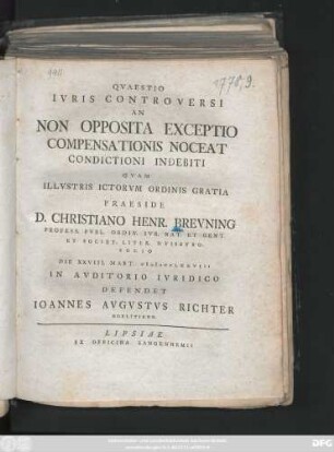 Qvaestio Ivris Controversi An Non Opposita Exceptio Compensationis Noceat Condictioni Indebiti