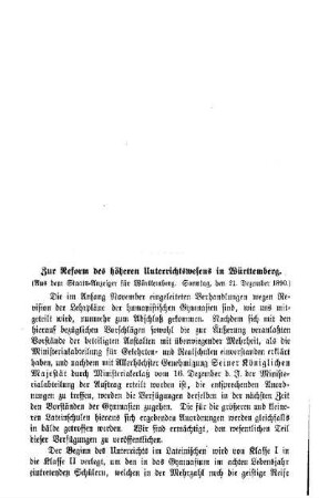 Zur Reform des höheren Unterrichtswesens in Württemberg