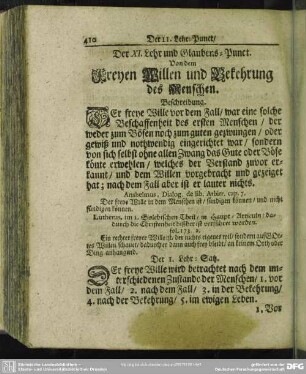Der XI. Lehr- und Glaubens-Punct. Von dem Freyen Willen und Bekehrung des Menschen