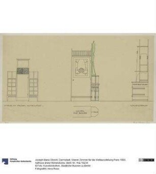 Darmstadt, Wiener Zimmer für die Weltausstellung Paris 1900, Aufrisse dreier Möbelstücke