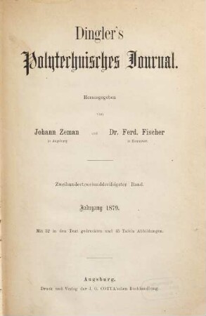 Dingler's polytechnisches Journal. 232. 1879 = 5. Reihe Bd. 32