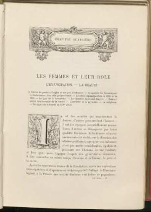 Chapitre quatrième. Les femmes et leur role. - L'émancipation. - La beauté